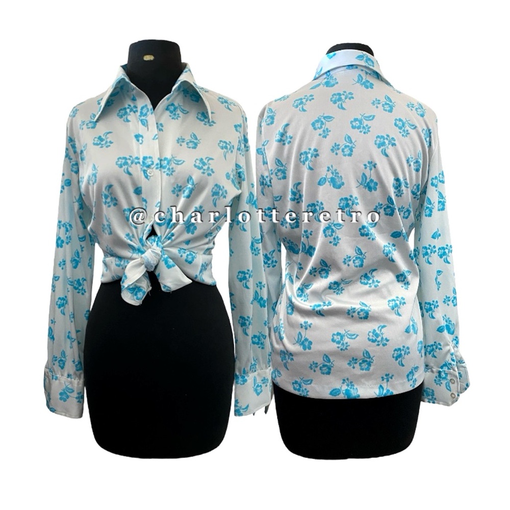70s vtg Floral Polyester Shirt w Butterfly Collar